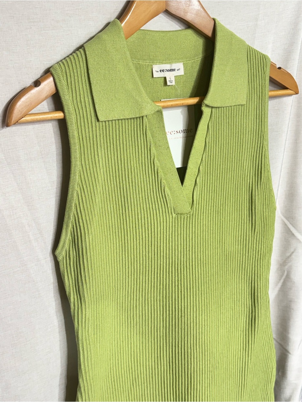 ee:some • Lime Green Ribbed Sleeveless Polo Mini Dress Large BUY NOW PRICE - Picture 5 of 9